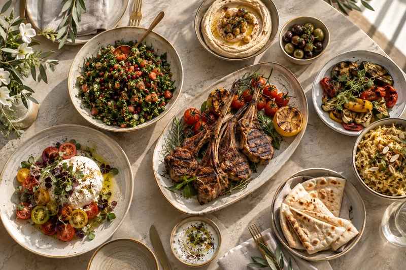 Lamb cutlets with tabbouleh, hummus and vegetable side dishes