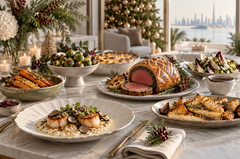 Beef Wellington with roasted vegetables and a decorated Christmas tree