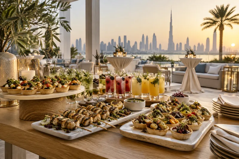 Canapés, skewers and refreshments arranged for a standing reception