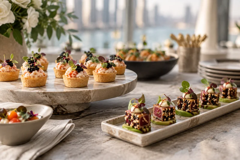 Savoury tartlets and sesame-coated canapé bites on raised platters