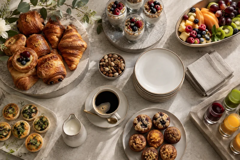 Conference refreshments with pastries, fruit, breakfast jars and coffee