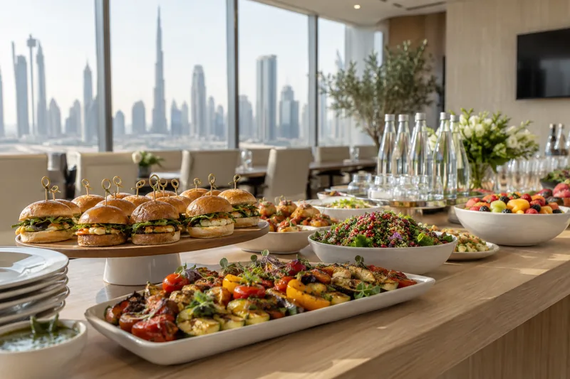 Office catering platters with small sandwiches, salad and fruit