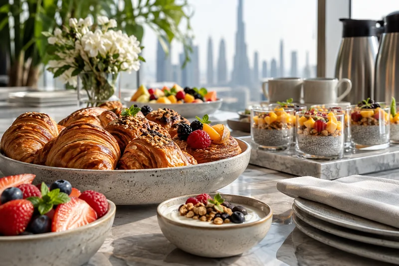 Pastries, fruit, breakfast jars and coffee arranged for a meeting break