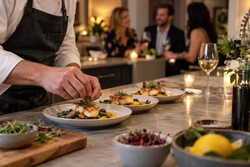 A chef finishing plated dishes at a kitchen counter