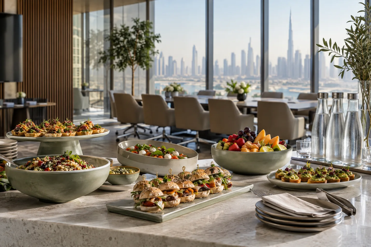 Salads, fruit and bite-sized savoury food on a corporate reception table