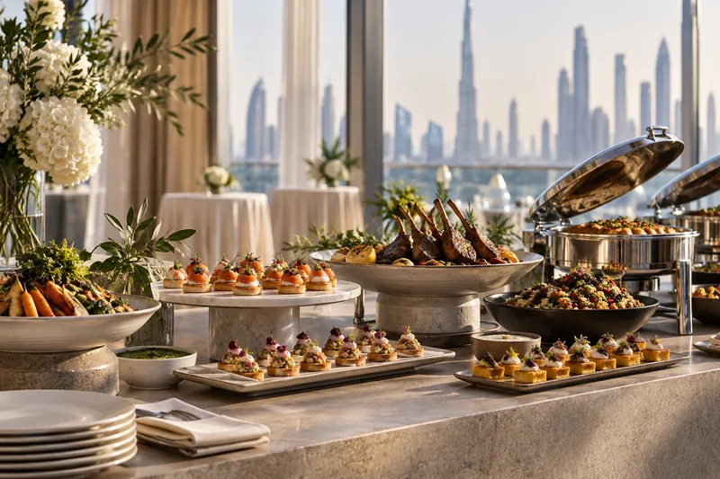An event buffet with hot serving dishes, lamb cutlets and small canapés
