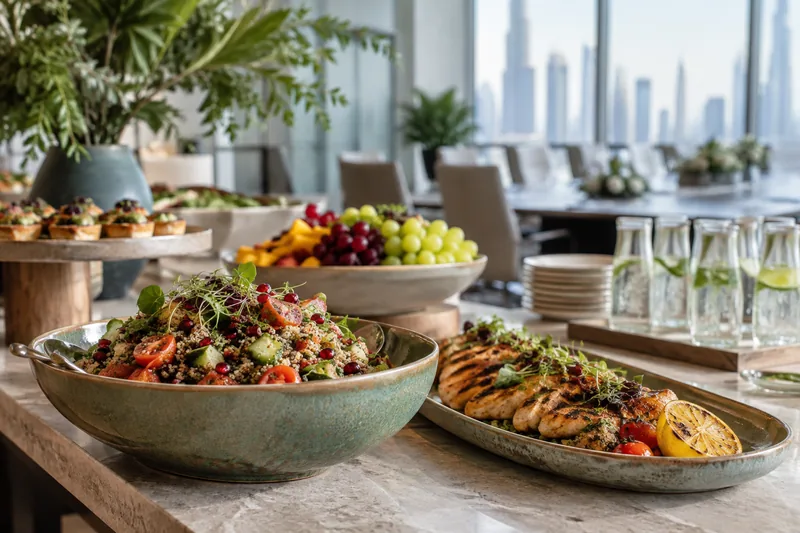 Shared lunch dishes and fruit arranged in an office dining space