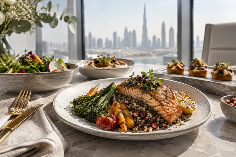 Grilled salmon with grains and roasted vegetables in a business dining setting