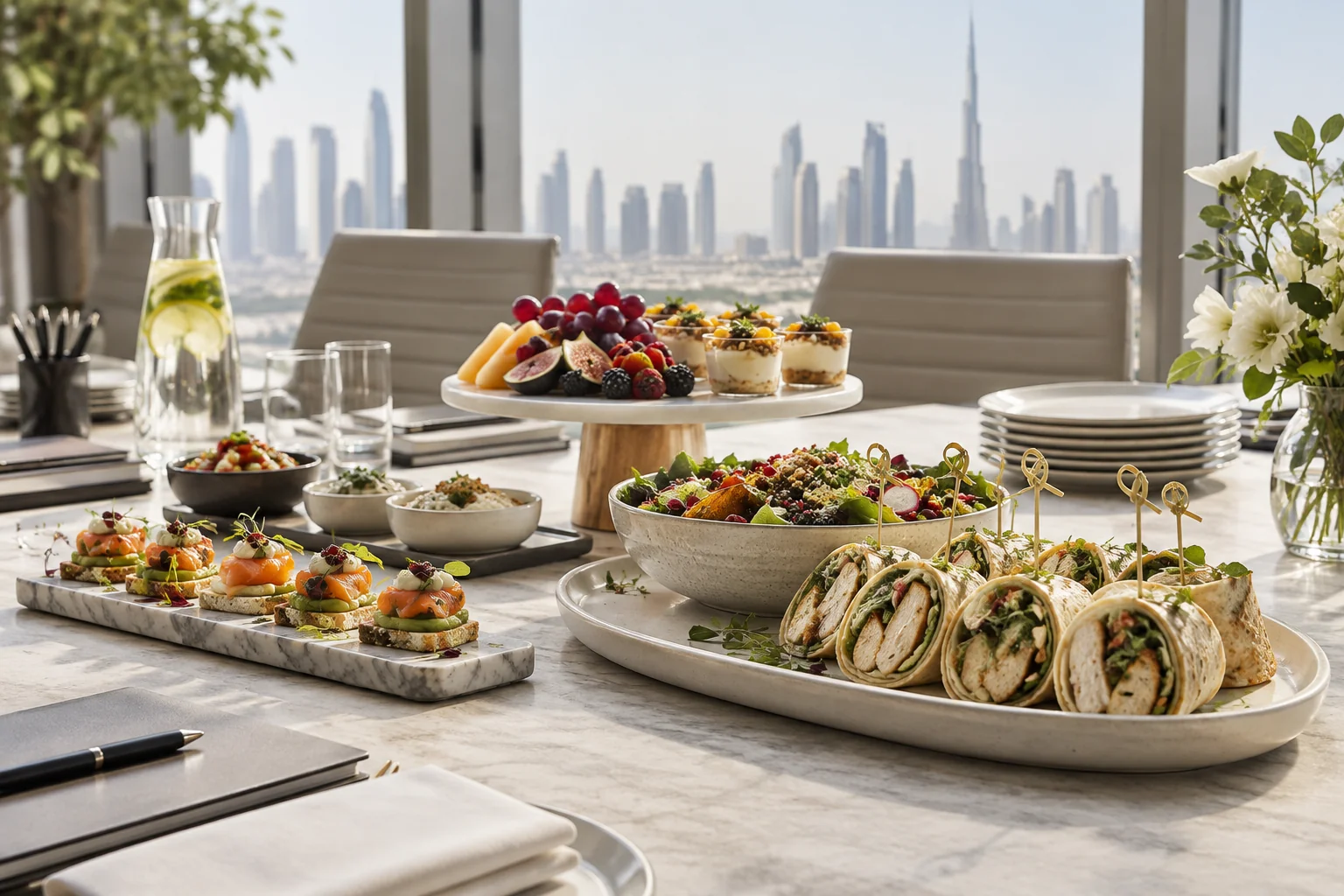 A business catering table with filled wraps, canapés, salad and fruit