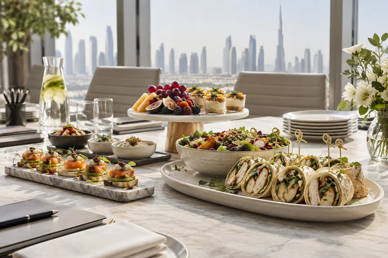 A business catering table with filled wraps, canapés, salad and fruit