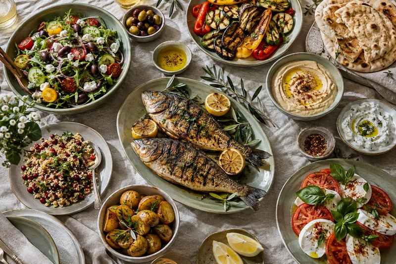 Grilled fish, vegetables and salads representing different menu options