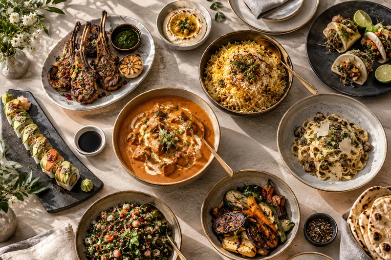 An international menu selection with curry, rice, sushi and grilled dishes