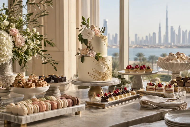A celebration dessert table with a floral cake, macarons and small pastries