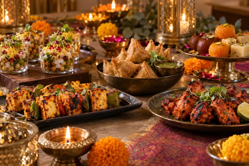 Samosas, festive sweets and Indian dishes arranged beside small lamps
