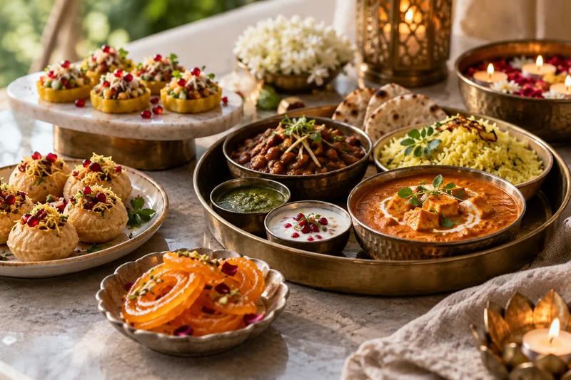 A Diwali spread with savoury snacks, curries, rice and jalebi