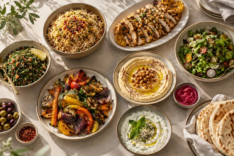 A family-style spread with roast chicken, rice, hummus and vegetables
