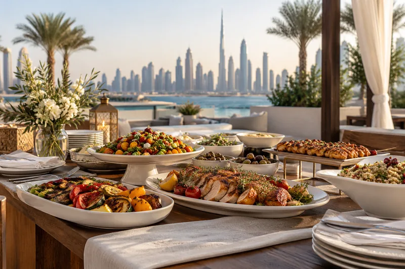 A buffet of rice, grilled dishes and fresh accompaniments