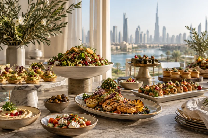 A reception buffet with grilled dishes, salads and bite-sized canapés
