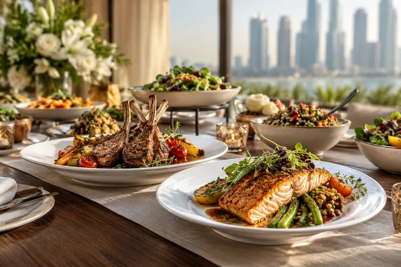 Plated fish and meat dishes with vegetables at a catered table
