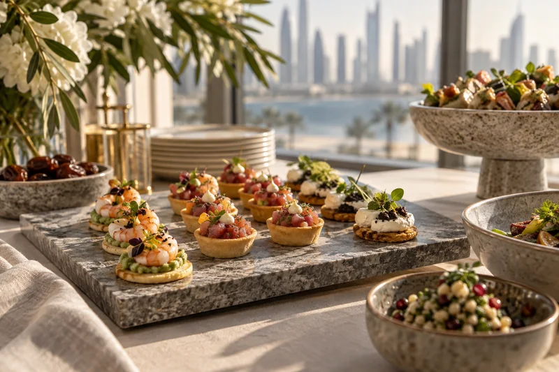Small savoury canapés on a stone platter beside fresh salads