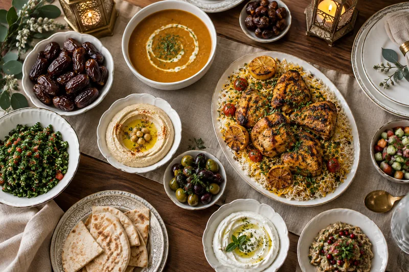 A festive Eid selection with dates, soup and rice dishes
