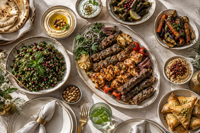 An Eid sharing table with grilled skewers, hummus, tabbouleh and pastries