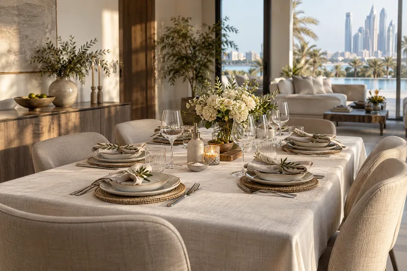 A dining table set with ivory linen, flowers and glassware
