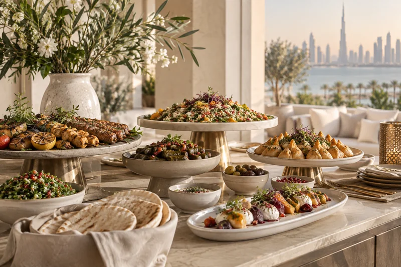 An engagement celebration buffet with grilled skewers, salads and savoury pastries