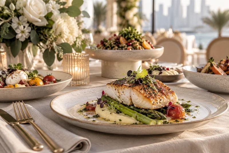 A plated fish course with asparagus and vegetables at an elegant event table