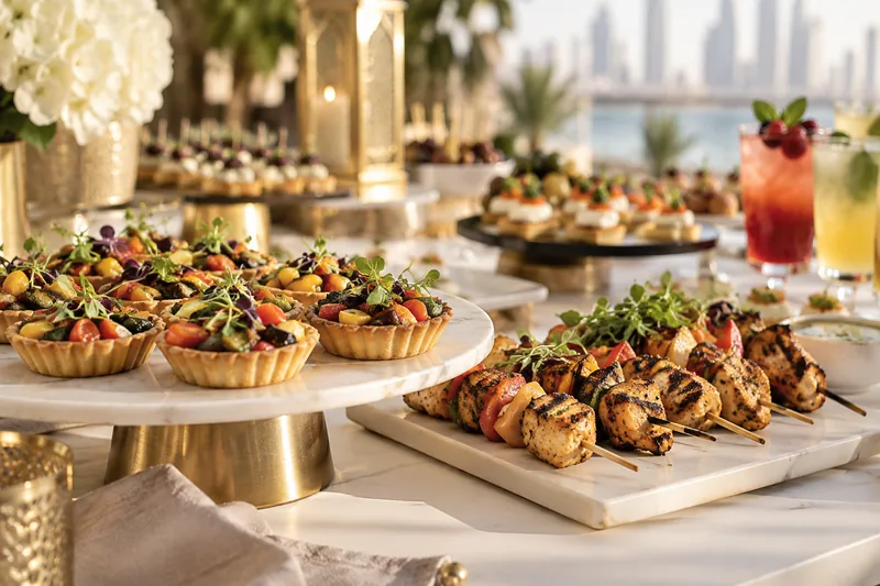Festive reception bites and colourful drinks on a serving table