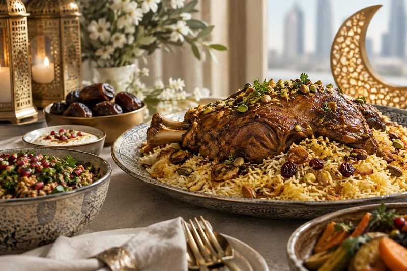 Roast lamb on spiced rice beside dates and a decorative lantern