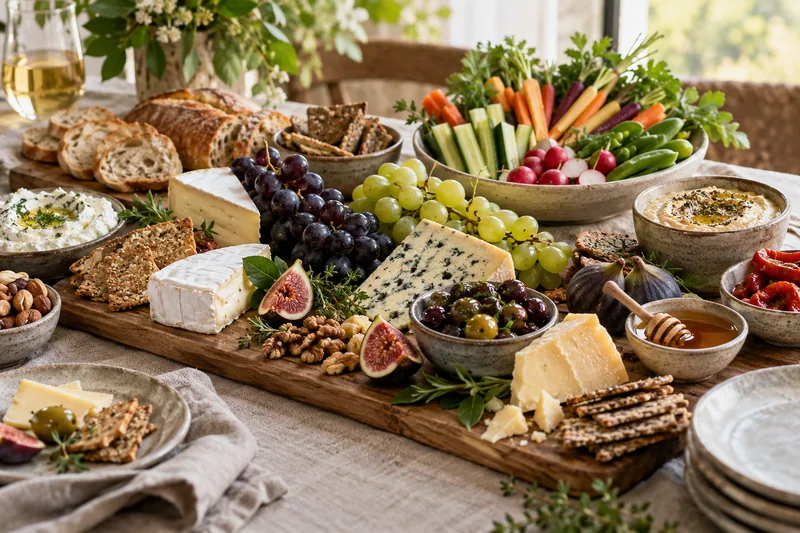 Cheese, fruit, bread and dips arranged on a grazing table