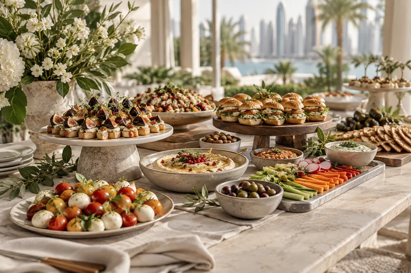 A grazing display with filled rolls, caprese skewers, dips and fresh vegetables