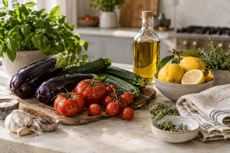 Fresh vegetables and herbs arranged for menu preparation