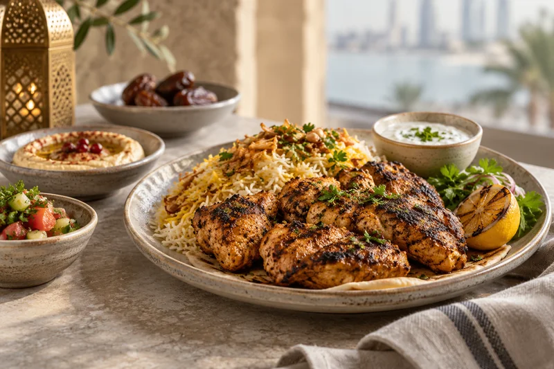 Grilled chicken on spiced rice with salads and yoghurt on the side