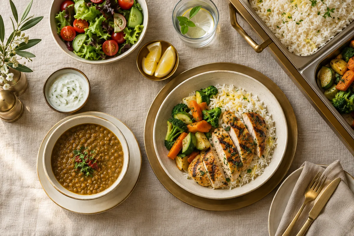 Prepared main dishes, vegetables and soup on a table