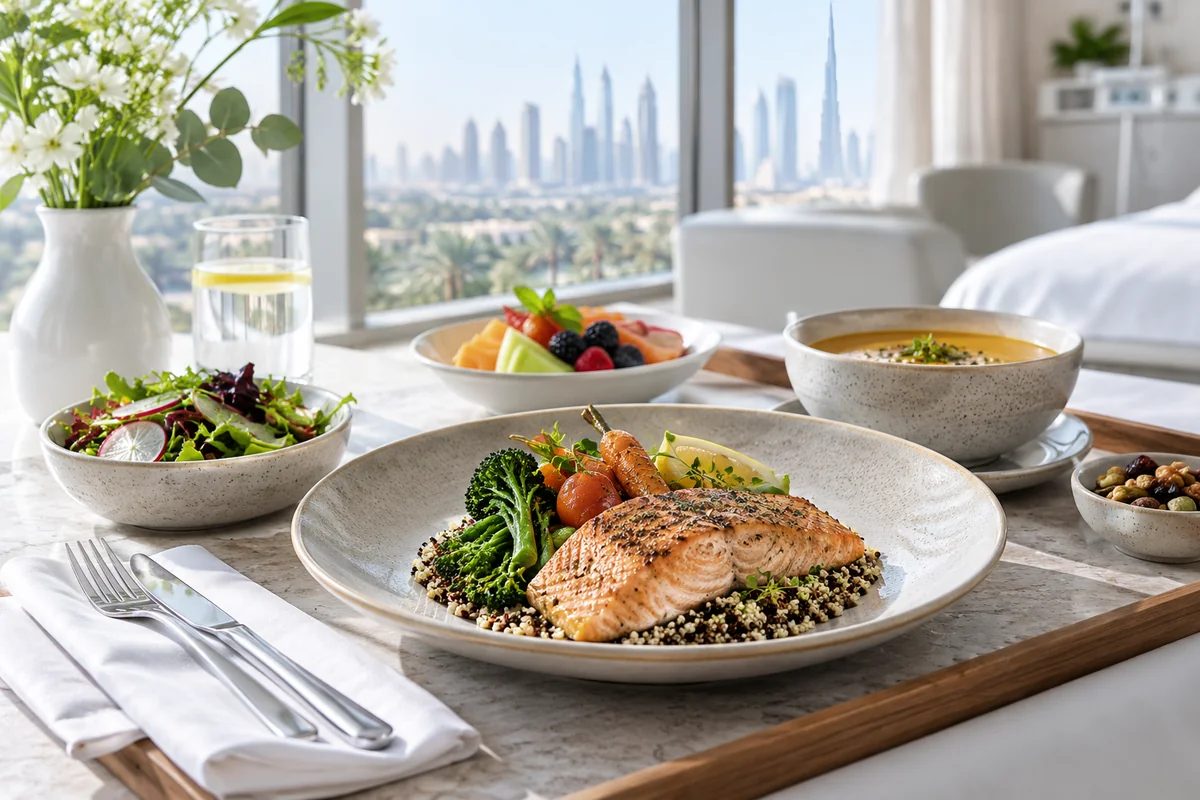 A plate of fish, vegetables and grains beside a bowl of soup