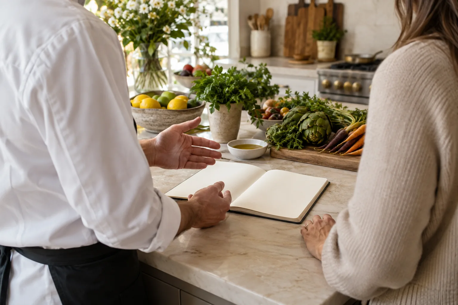 A menu-planning conversation in a bright kitchen