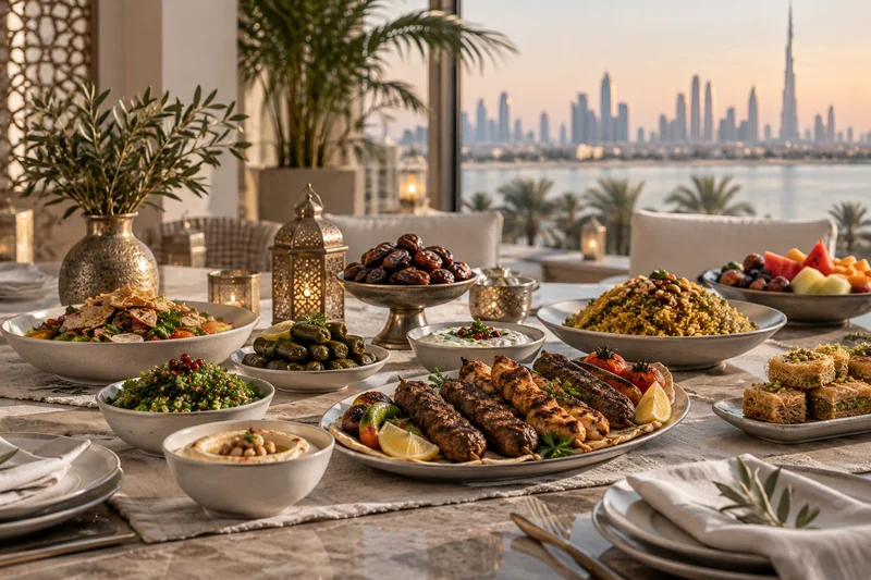 An iftar buffet with dates, grilled skewers, rice and mezze at sunset