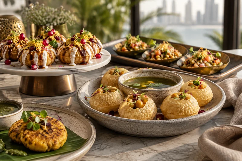 Indian chaat, filled puri and savoury snacks on elegant serving dishes