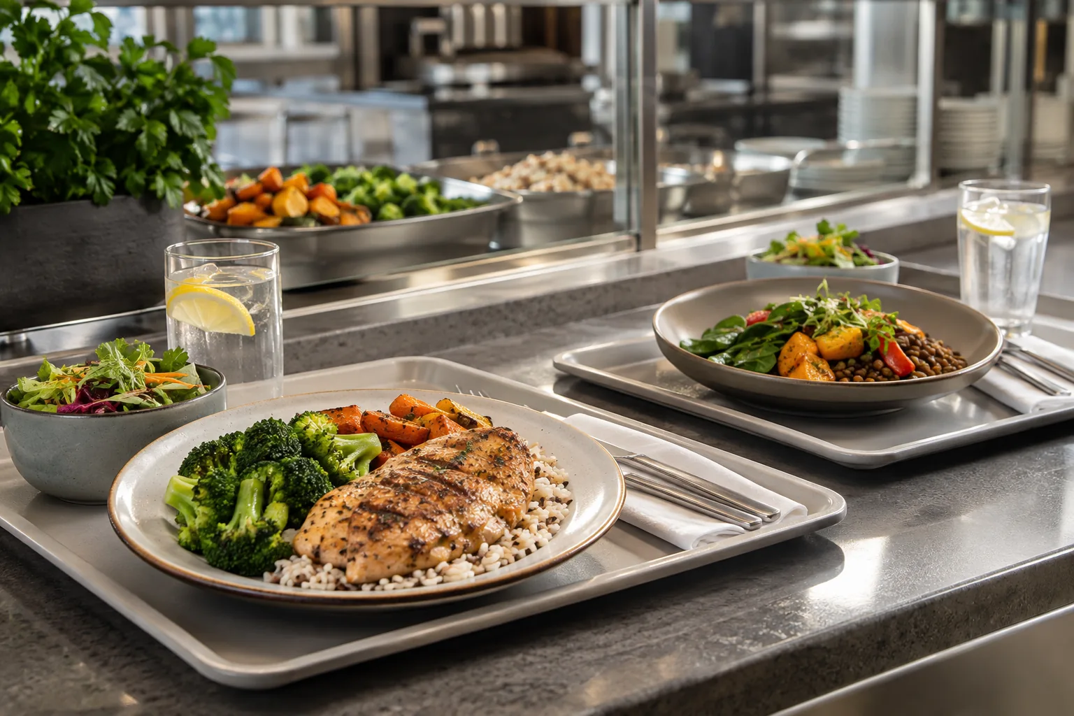 Prepared meal trays with vegetables and mains beside a canteen counter