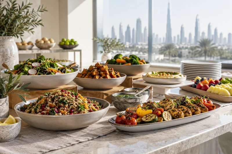 A catering service counter with prepared salads, vegetables and main dishes