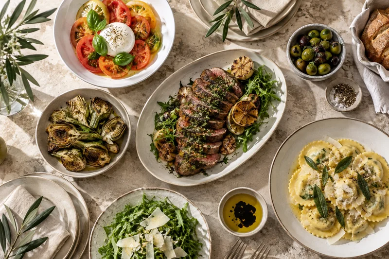 An Italian spread with ravioli, grilled meat, burrata, artichokes and olives