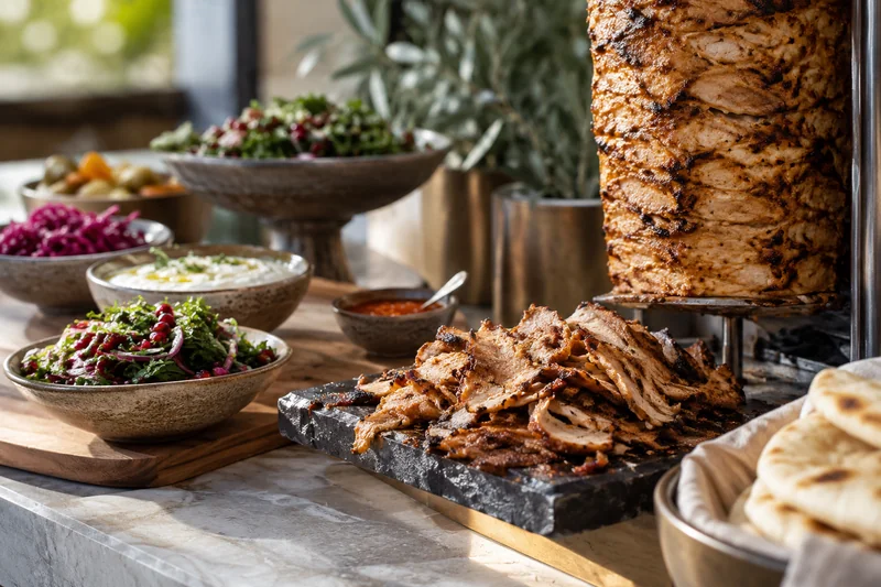 A shawarma station with sliced meat, flatbread, salads and sauces