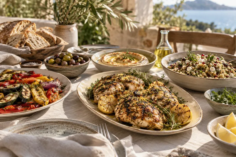 Grilled fish, salads, hummus and bread on a sunlit table