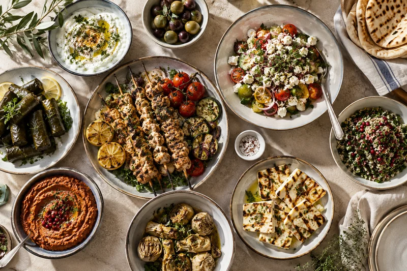 Mediterranean sharing dishes with grilled skewers, cheese, salads and dips