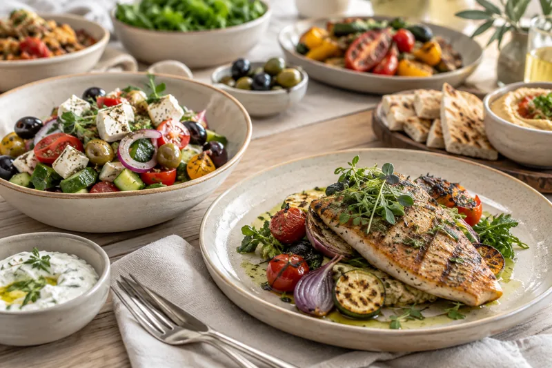 Grilled fish, fresh salad and hummus presented as menu ideas