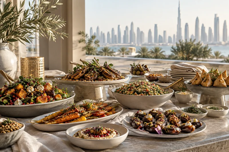 A menu display with rice, roasted vegetables, salads and savoury pastries