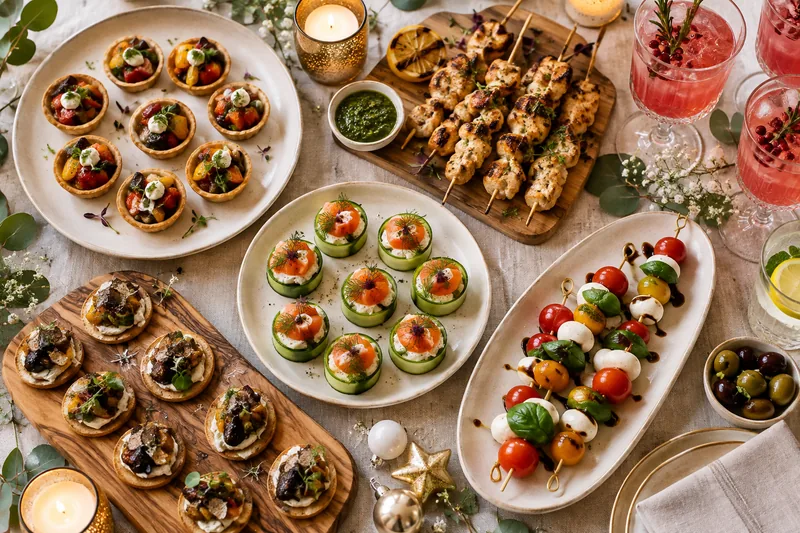 Reception canapés, skewers and small savoury dishes photographed from above