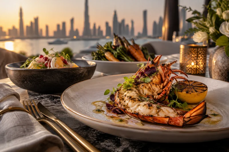 A plated lobster course with grilled lemon at a sunset celebration table